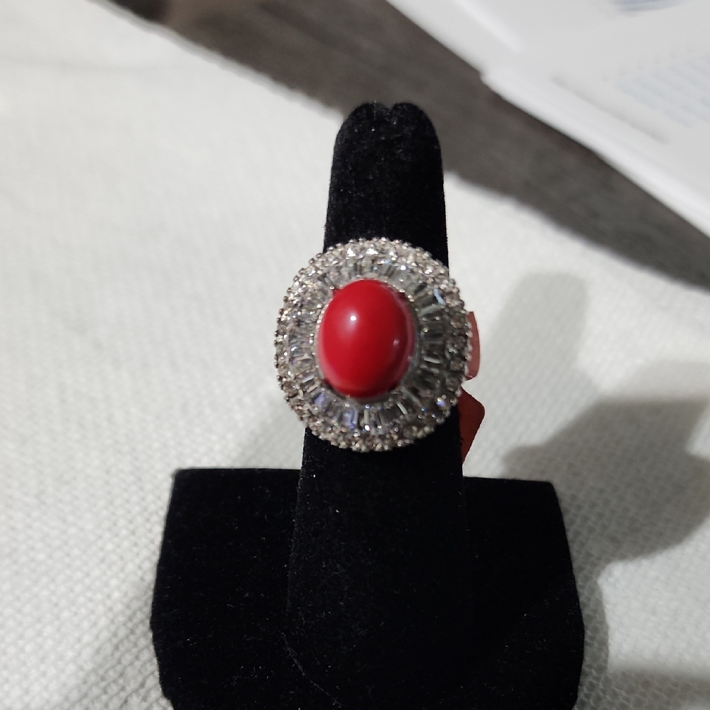 Elegant Red Coral and Sterling Silver Oval Ring